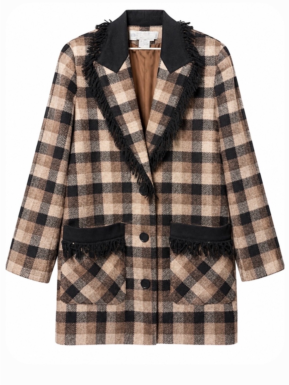 Simon Chang Tan and Black Plaid Fringed Blazer